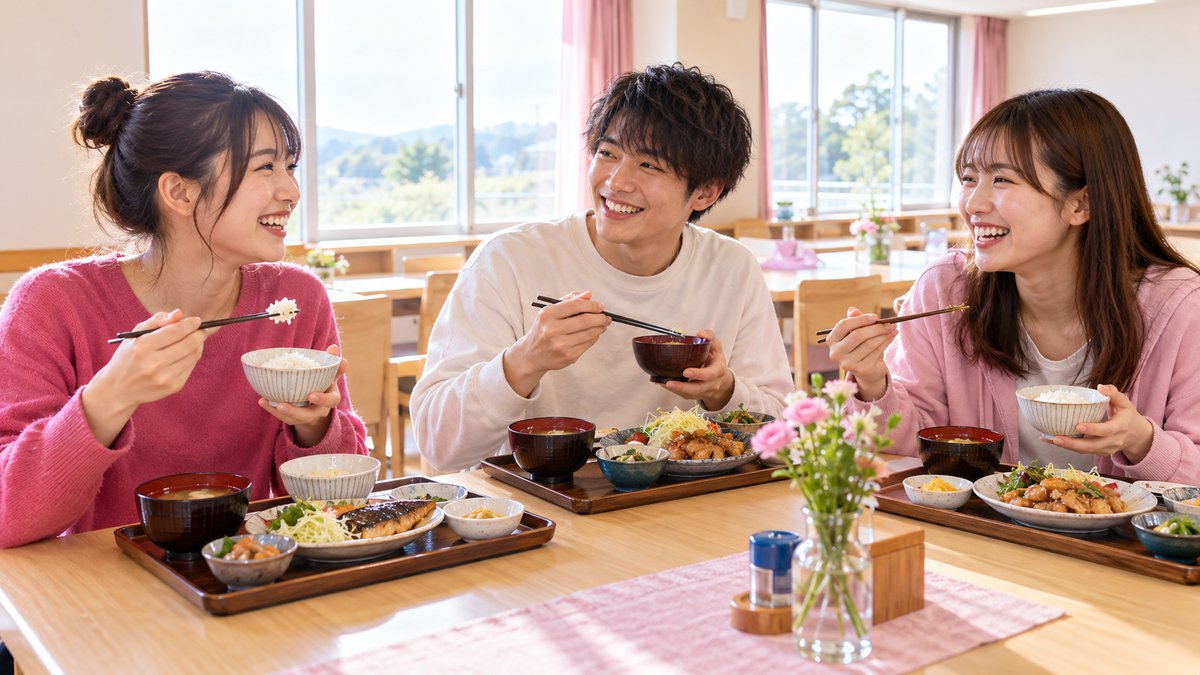 宿舎の食堂で日替わり定食を前に笑顔で話す若い男女