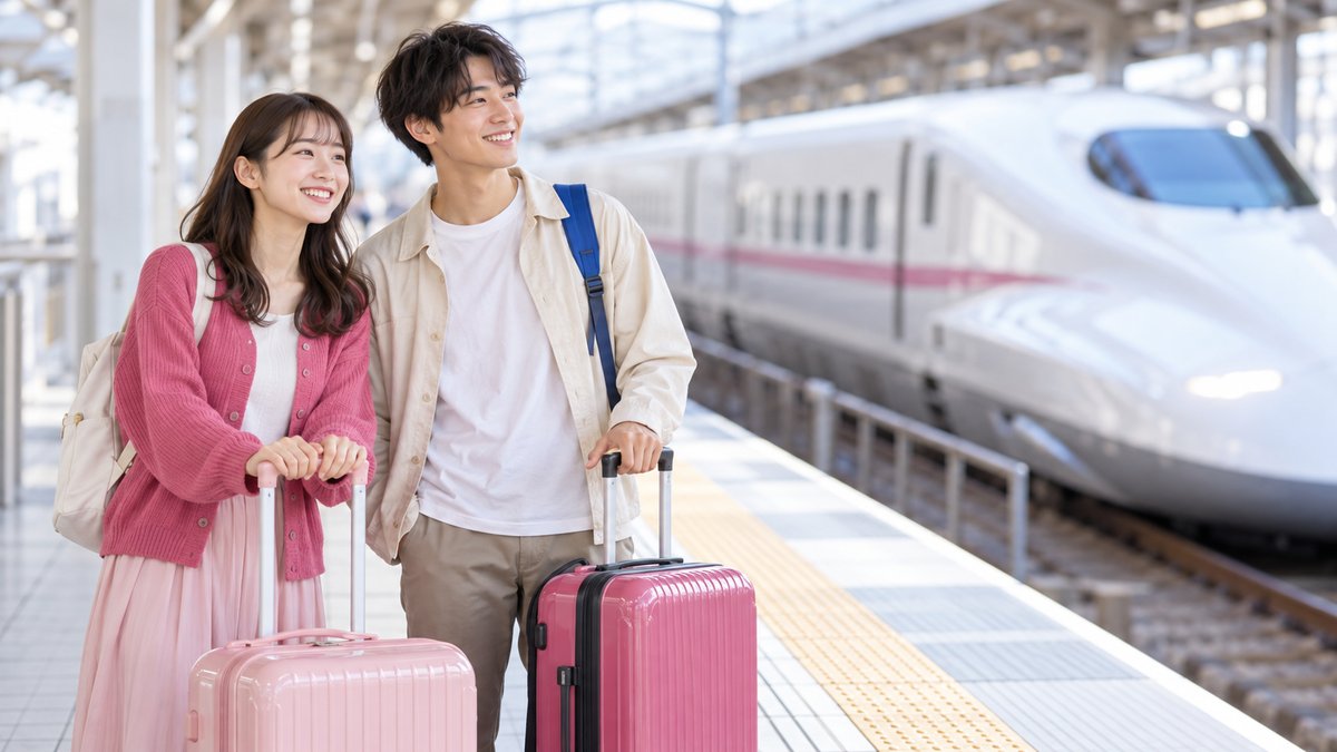 駅のホームでスーツケースを持ち新幹線を待つ若い男女